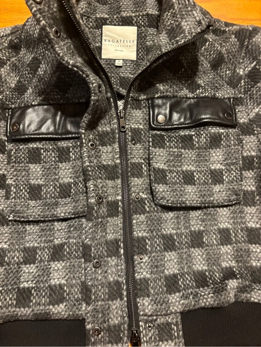 bagatelle Gray Plaid Bomber Jacket with Black Trim